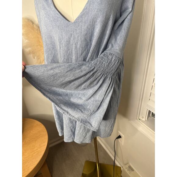 Free People Chambray Flare Sleeve Mini Dress Romper Womens XS Deep V Playsuit - Picture 6 of 10
